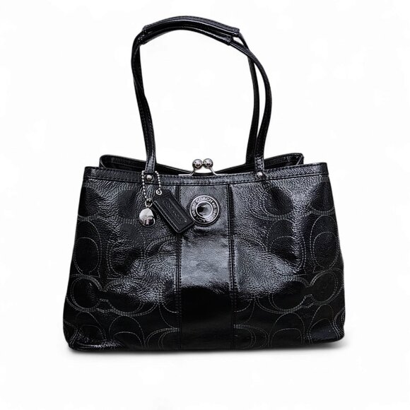 Coach Signature Patent Leather Kiss Lock Carryall Black Shoulder Handbag COA - Picture 1 of 14